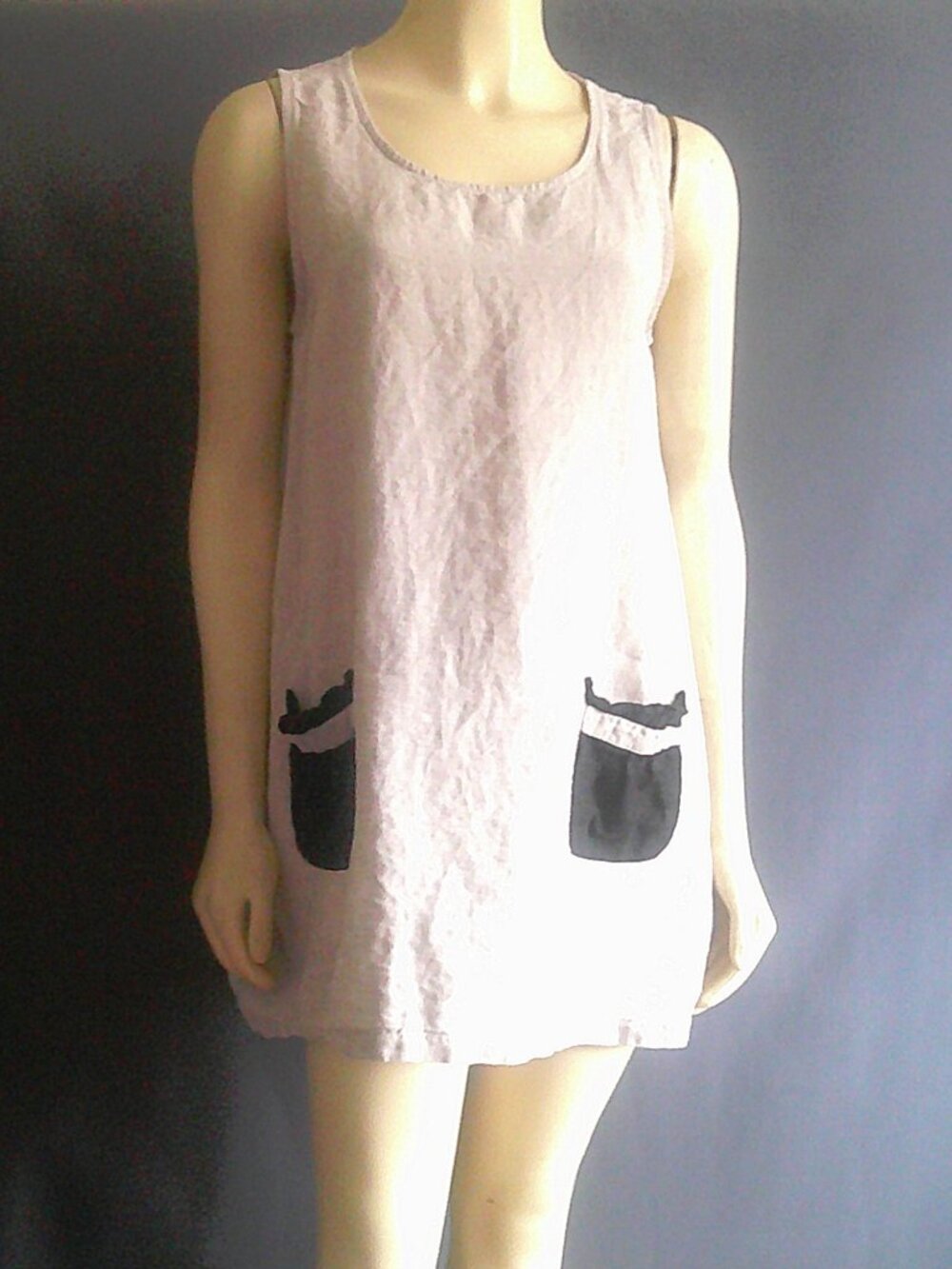 Match Point Linen Neutral Beige Black Pockets Mini Sleeveless Tank Dress M